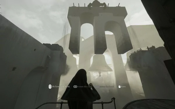 HD desktop wallpaper of a video game scene featuring a character in a cloak looking at a large, mystic structure in a foggy environment, tagged with Indika.