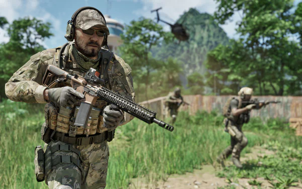 HD desktop wallpaper featuring soldiers in camo engaging in a battle, with a helicopter overhead, from the video game Gray Zone Warfare.