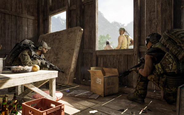 HD desktop wallpaper from the video game Gray Zone Warfare, depicting soldiers in a wooden building overlooking a mountain area.