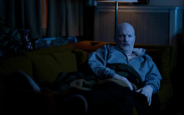 HD desktop wallpaper featuring a scene from the movie I Saw the TV Glow, with a man sitting on a couch, bathed in the blue glow of the television in a dimly lit room.