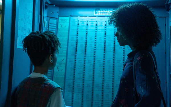 HD desktop wallpaper from the movie I Saw the TV Glow, featuring two characters in a blue-lit room facing a curtain-covered window.