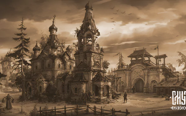 HD desktop wallpaper depicting a sepia-toned, intricate illustration of an ornate village from the video game Smuta, featuring detailed architecture and a dusky sky.