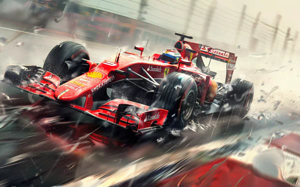 HD wallpaper featuring a dynamic Formula 1 race car speeding on a wet track, showcasing vibrant detail and intense motion.