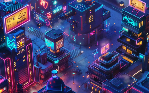 HD desktop wallpaper featuring a vibrant isometric view of a cyberpunk cityscape at night, illuminated by neon lights and futuristic advertisements.