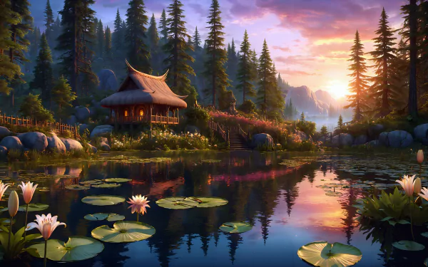 water lily fantasy lake cottage forest HD Desktop Wallpaper | Background Image