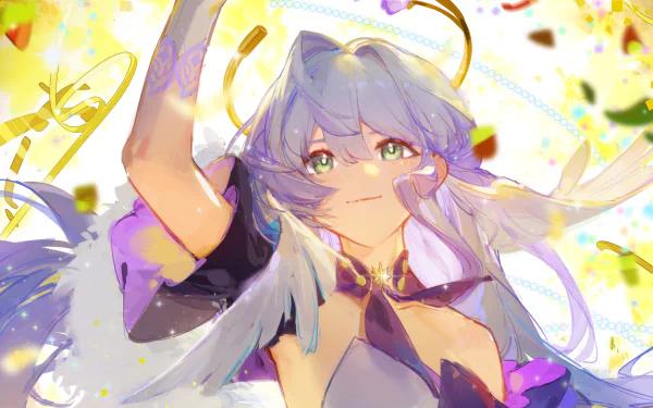 HD desktop wallpaper featuring Robin from Honkai: Star Rail, with a vibrant, artistic backdrop of yellow and shimmering accents.