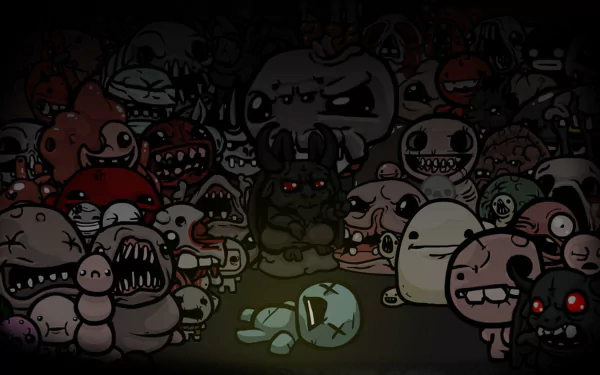 HD desktop wallpaper featuring diverse characters from The Binding of Isaac video game, depicted in a dark, moody style.