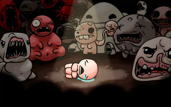 HD desktop wallpaper featuring a scene from The Binding of Isaac video game, depicting Isaac surrounded by grotesque monsters in a dark, cartoonish style.