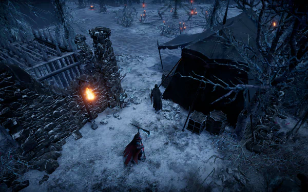 HD desktop wallpaper from the video game V Rising featuring a snowy, nocturnal scene with characters in a medieval fortress illuminated by fire torches.