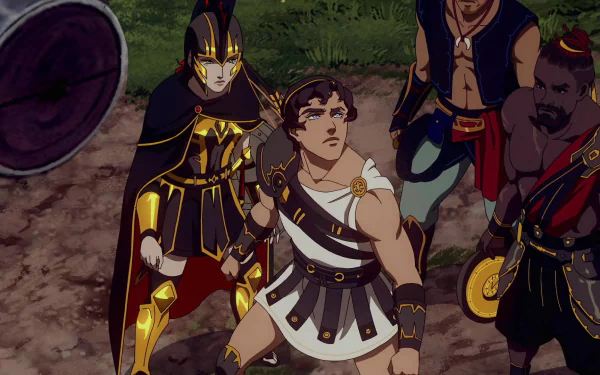HD desktop wallpaper of Heron from Blood of Zeus anime, depicted with fellow warriors in a battle-ready pose.