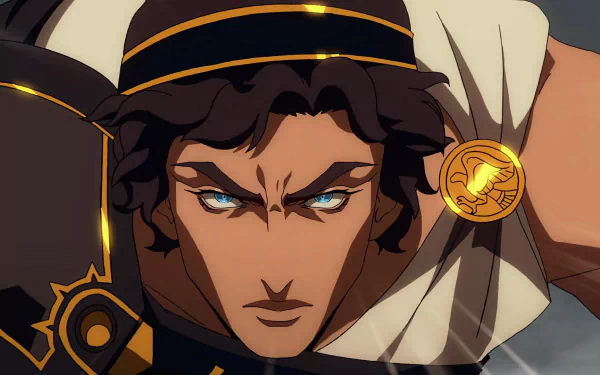 HD desktop wallpaper featuring Heron from Blood of Zeus, depicted with intense blue eyes and detailed armor.