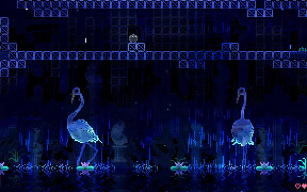 HD desktop wallpaper from the video game Animal Well, featuring a mystical blue pixel art scene with flamingos and eerie underground passageways.