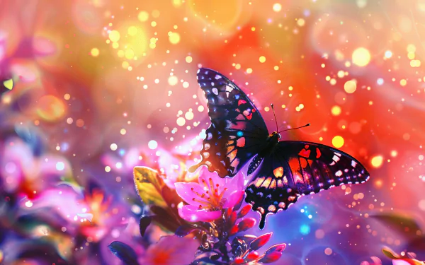 HD desktop wallpaper featuring a vibrant butterfly on colorful flowers with a glittering bokeh background.