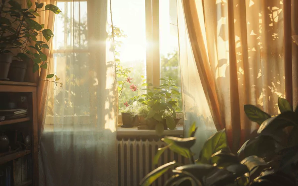 HD desktop wallpaper featuring a sunlit room filled with houseplants, casting warm light through sheer curtains.