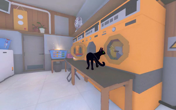 HD desktop wallpaper from Little Kitty Big City video game depicting a black cat exploring a brightly colored kitchen interior.