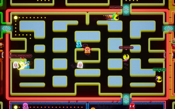 HD desktop wallpaper of PAC-MAN Mega Tunnel Battle: Chomp Champs video game, featuring colorful gameplay with multiple player icons navigating a classic maze.