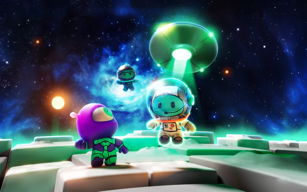 HD wallpaper from the video game Rumble Club featuring cartoonish characters encountering a UFO on a vibrant cosmic backdrop.