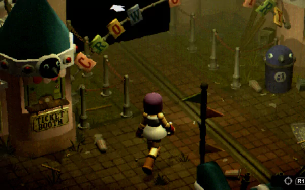 HD desktop wallpaper featuring a scene from the video game Crow Country, showing a character near a ticket booth under ambient lighting.