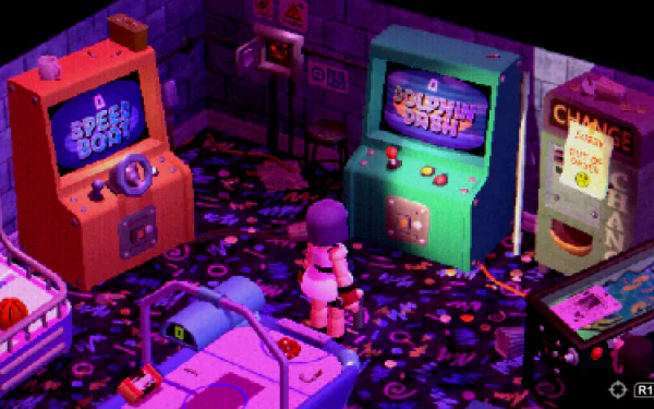 HD desktop wallpaper from the video game Crow Country, featuring a character in an arcade room with colorful game machines.