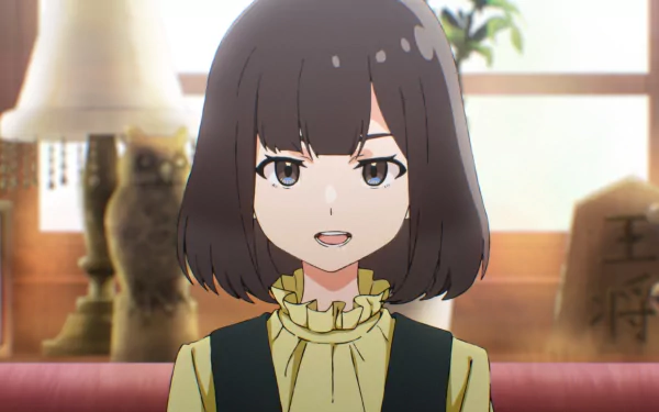 HD desktop wallpaper featuring an anime girl with short brown hair and a green blouse, sitting in an indoor setting.