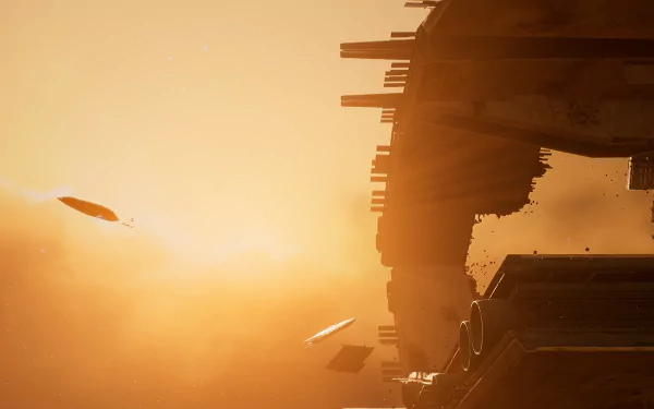 HD desktop wallpaper of Homeworld 3 featuring a majestic spaceship silhouette against a radiant sunset.