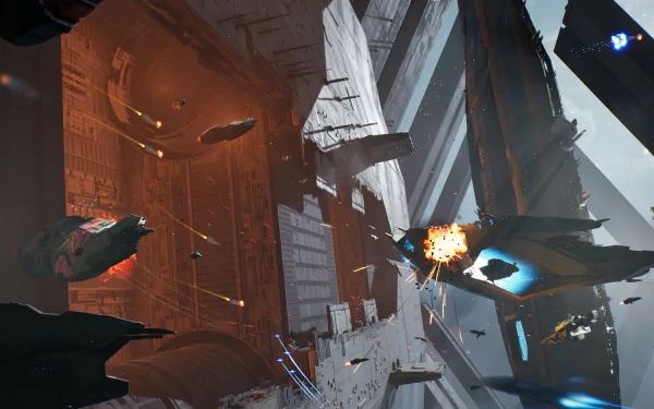 HD desktop wallpaper from Homeworld 3 featuring a dramatic space battle with exploding spacecraft and massive architectural structures.