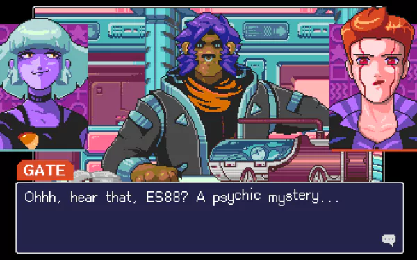 A vibrant HD wallpaper from the video game Read Only Memories: NEURODIVER, featuring characters engaged in a dialogue about a psychic mystery in a colorful, futuristic setting.