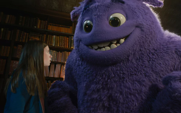 A scene from the movie IF (2024) featuring Cailey Fleming with a large purple furry creature, set in an environment filled with books. This HD desktop wallpaper showcases the enchanting interaction.