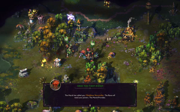 HD desktop wallpaper featuring an in-game scene from the video game Songs of Conquest, highlighting a detailed, vibrant landscape with characters and structures, and an on-screen message.