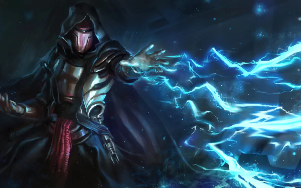 HD desktop wallpaper featuring Darth Revan from Star Wars: Knights of the Old Republic, wielding a lightsaber and channeling blue lightning in a dark, dramatic setting.