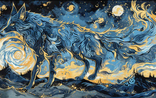 Artistic fantasy HD desktop wallpaper featuring a majestic wolf with flowing, intricate patterns amidst a surreal, starry night background.