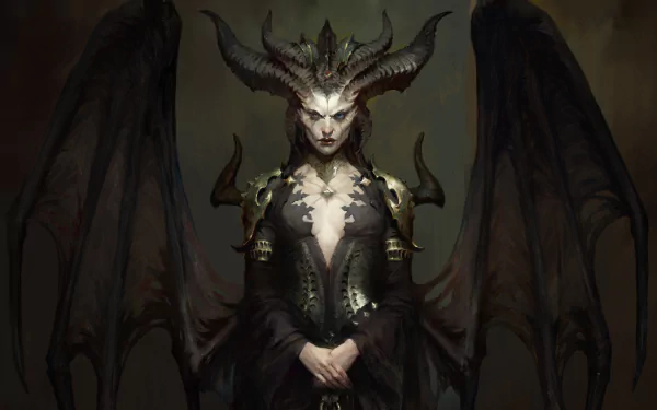 HD wallpaper featuring Lilith from Diablo IV, showcasing her striking appearance with horns and wings in a dark, atmospheric setting. A captivating background for fans of the game.