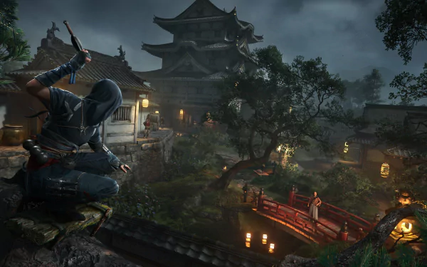 HD desktop wallpaper of the video game Assassin's Creed Shadows featuring a hooded character with a throwing weapon, set in a detailed, moody Japanese-inspired village scene.