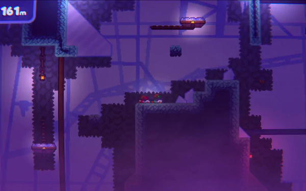 HD desktop wallpaper showcasing a level from the video game Bread & Fred, featuring platforming elements in a dark, mysterious setting with vibrant purple hues.