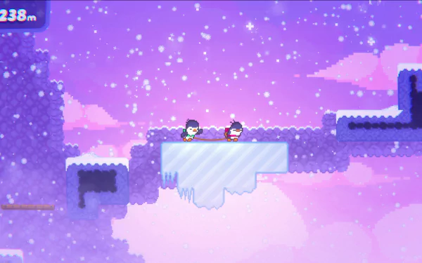HD desktop wallpaper of the video game Bread & Fred, featuring two characters standing on an icy platform in a snowy, pixelated environment with a purple sky.