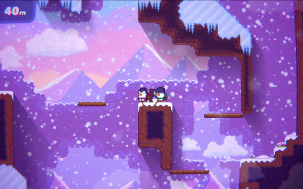 HD desktop wallpaper of Bread & Fred video game featuring two characters on a snowy, mountainous platform. The scene is pixelated with purple hues and detailed cliffs.