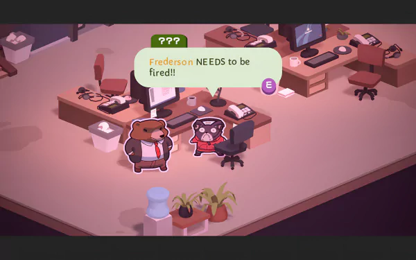 HD desktop wallpaper of the video game Duck Detective: The Secret Salami depicts animated characters discussing firing Frederson in an office setting.