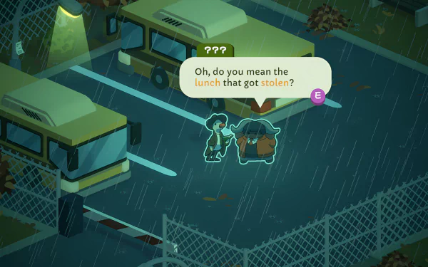 HD desktop wallpaper featuring a scene from the video game Duck Detective: The Secret Salami showing two characters in conversation in the rain near parked vehicles. One speech bubble reads, Oh, do you mean the lunch that got stolen?