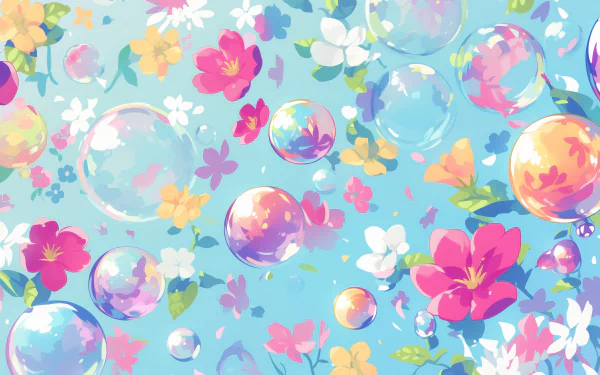 HD desktop wallpaper featuring colorful flowers and bubbles floating against a light blue background.