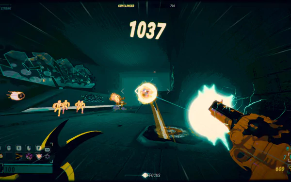 HD desktop wallpaper and background image from Robobeat video game, showing a high-energy gameplay scene with futuristic weapons and a 1037 score displayed on the screen.