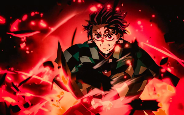 Anime-style 4K Ultra HD wallpaper featuring Tanjiro Kamado from Demon Slayer: Kimetsu no Yaiba amidst fiery red and black flames.