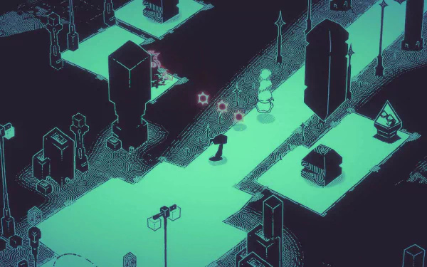 HD desktop wallpaper featuring a scene from the video game Hauntii, showcasing a stylized, glowing, cemetery-like environment with towering monuments and a lone character walking among gravestones.