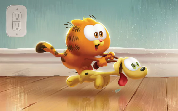 HD desktop wallpaper featuring Garfield riding Odie in a playful scene from The Garfield Movie.