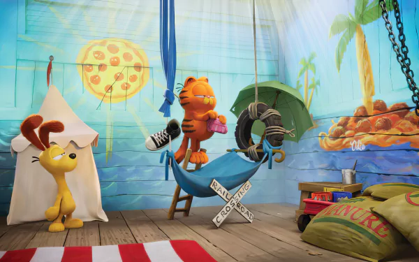 HD desktop wallpaper featuring Garfield and Odie from The Garfield Movie. Garfield is lounging in a hammock with various objects, while Odie stands nearby next to a tent, beach-themed background.