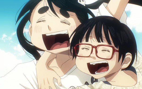 Anime characters from Dead Dead Demon's Dededede Destruction share a joyful moment, smiling against a bright blue sky. This HD desktop wallpaper captures a heartwarming, carefree scene from the series.