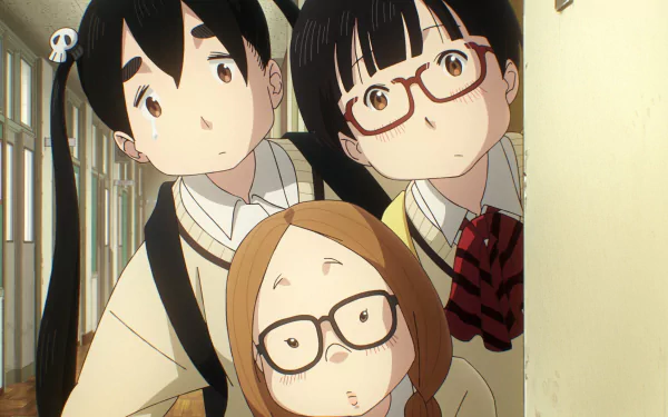 HD wallpaper of anime Dead Dead Demon's Dededede Destruction featuring three girls with glasses looking curiously from behind a door.