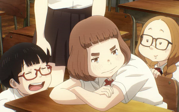 HD desktop wallpaper featuring characters from the anime Dead Dead Demon’s Dededede Destruction, showing three school children in a classroom, two laughing and one looking thoughtful.