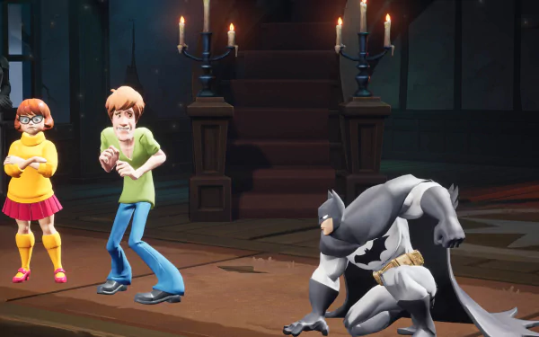 HD desktop wallpaper featuring characters from the video game MultiVersus, including Velma, Shaggy, and Batman in a dimly lit, candle-lit environment.