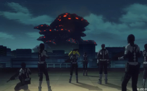 HD desktop wallpaper featuring a scene from the anime Kaiju No. 8, showcasing characters standing on a rooftop, confronting a massive, glowing monster against a night sky.