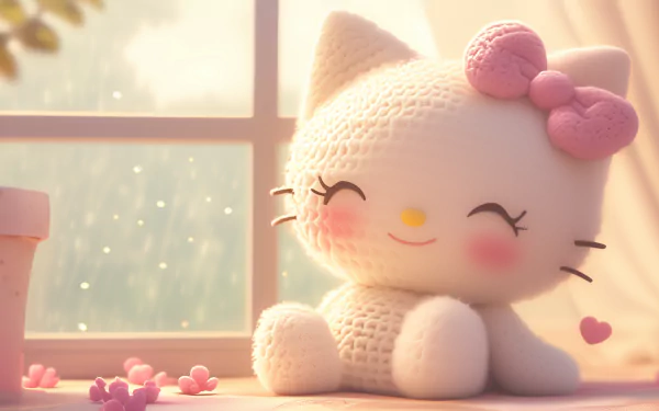 HD desktop wallpaper featuring an adorable anime-style Hello Kitty, smiling by a window with falling leaves outside.